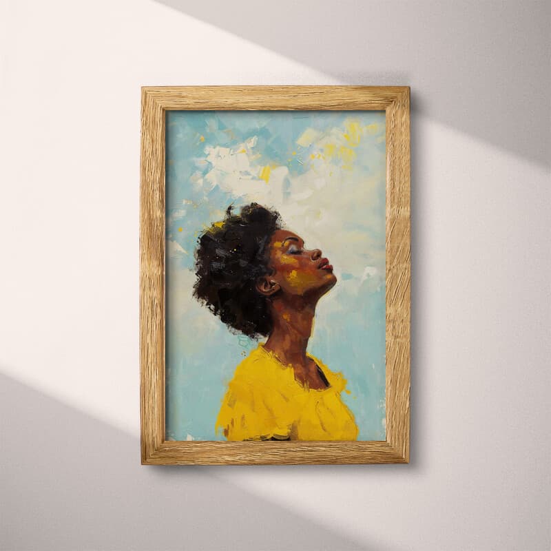 Full frame view of An afrofuturism oil painting, a woman wearing yellow looking up at the sky