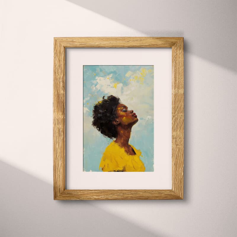 Matted frame view of An afrofuturism oil painting, a woman wearing yellow looking up at the sky