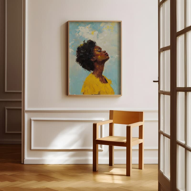 Room view with a full frame of An afrofuturism oil painting, a woman wearing yellow looking up at the sky