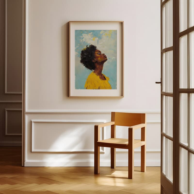 Room view with a matted frame of An afrofuturism oil painting, a woman wearing yellow looking up at the sky