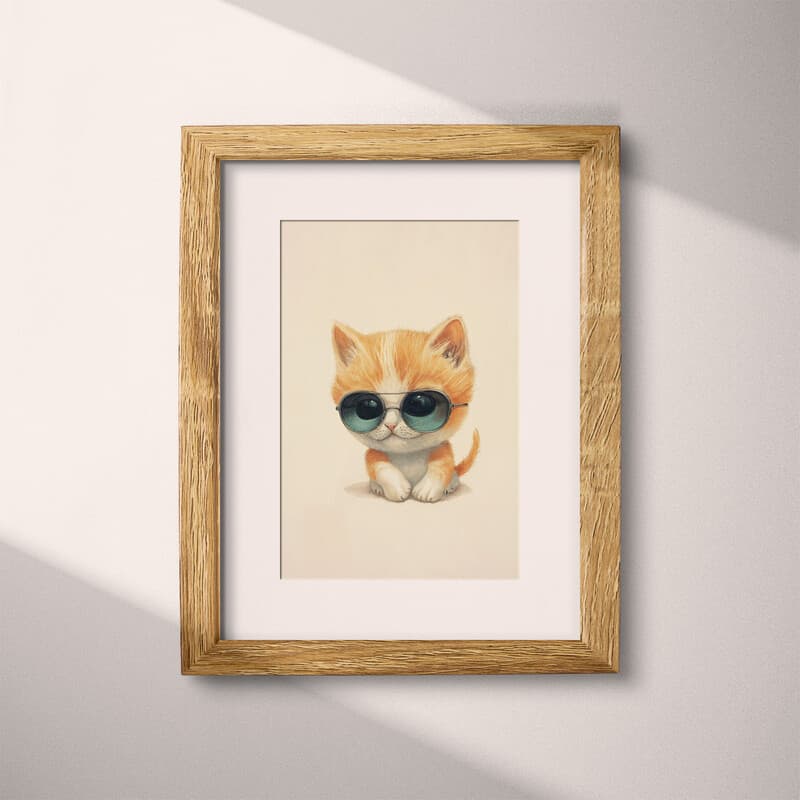 Matted frame view of A cute chibi anime pastel pencil illustration, a cat wearing sunglasses