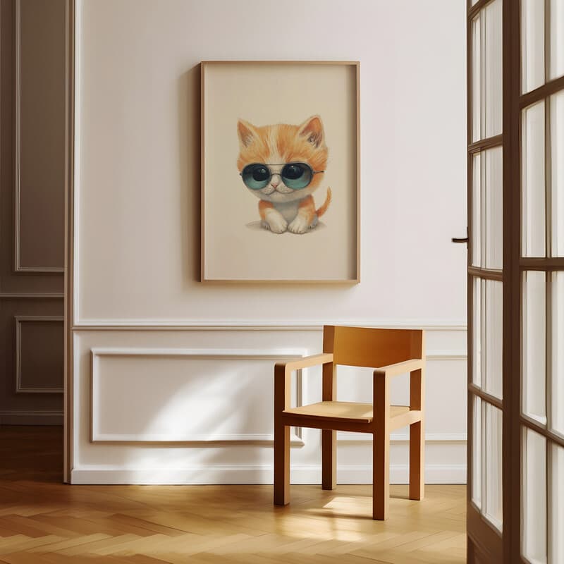 Room view with a full frame of A cute chibi anime pastel pencil illustration, a cat wearing sunglasses