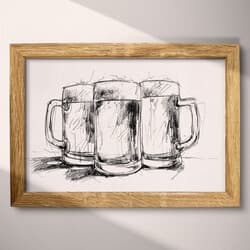 Beer Mugs Art | Beverage Wall Art | Food & Drink Print | White, Black and Gray Decor | Vintage Wall Decor | Bar Digital Download | Bachelor Party Art | Father's Day Wall Art | Graphite Sketch
