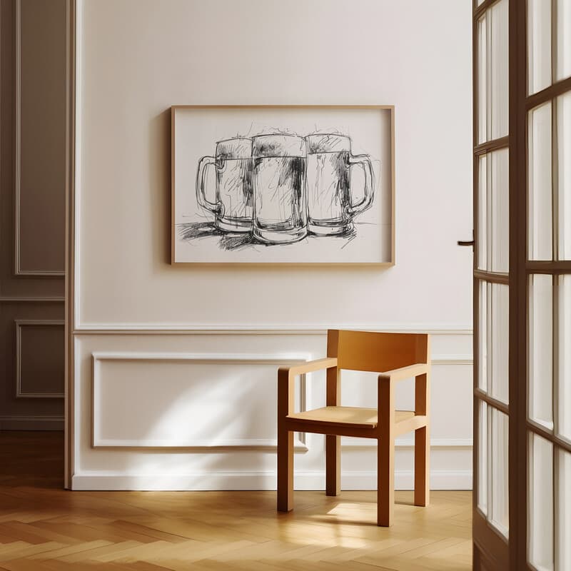 Room view with a full frame of A vintage graphite sketch, a row of beer mugs