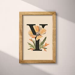 Letter Y Digital Download | Typography Wall Decor | Flowers Decor | White, Black, Brown, Green and Orange Print | Vintage Wall Art | Entryway Art | Back To School Digital Download | Spring Wall Decor | Pastel Pencil Illustration