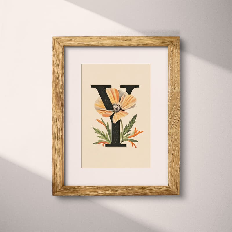 Matted frame view of A vintage pastel pencil illustration, the letter "Y" with a flower