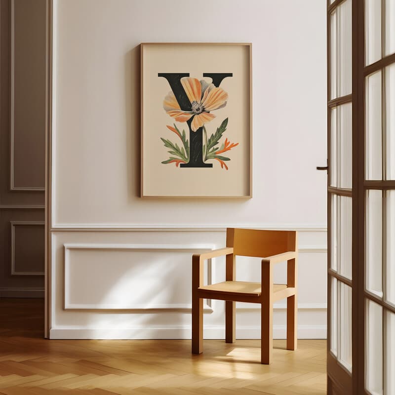 Room view with a full frame of A vintage pastel pencil illustration, the letter "Y" with a flower