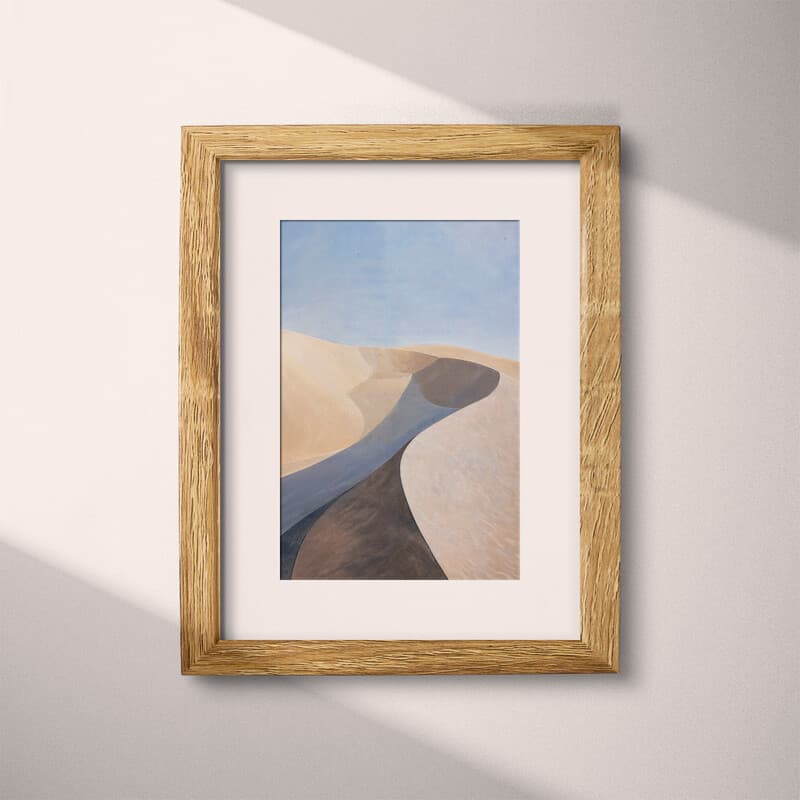 Matted frame view of An abstract impressionist oil painting, desert dune landscape, blue sky