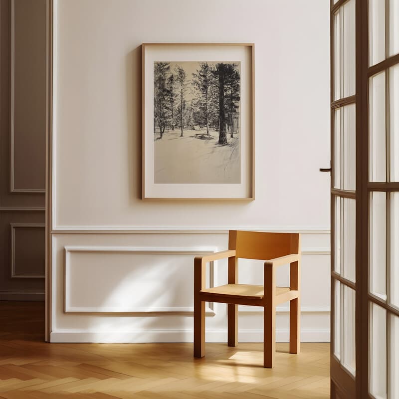 Room view with a matted frame of A vintage charcoal sketch, a campground