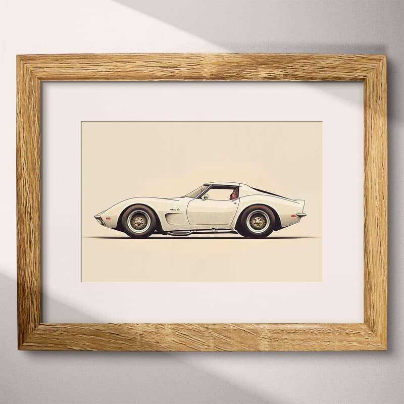 Matted frame view of A retro letterpress print, a sports car
