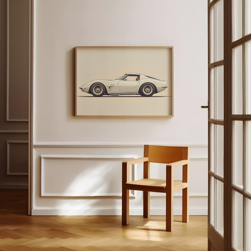 Room view with a full frame of A retro letterpress print, a sports car