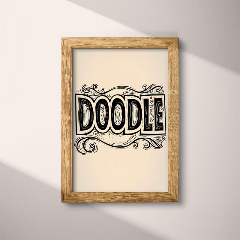 Full frame view of A vintage linocut print, the words "DOODLE" with a one-line doodle pattern