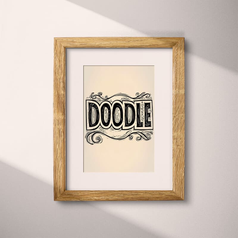 Matted frame view of A vintage linocut print, the words "DOODLE" with a one-line doodle pattern