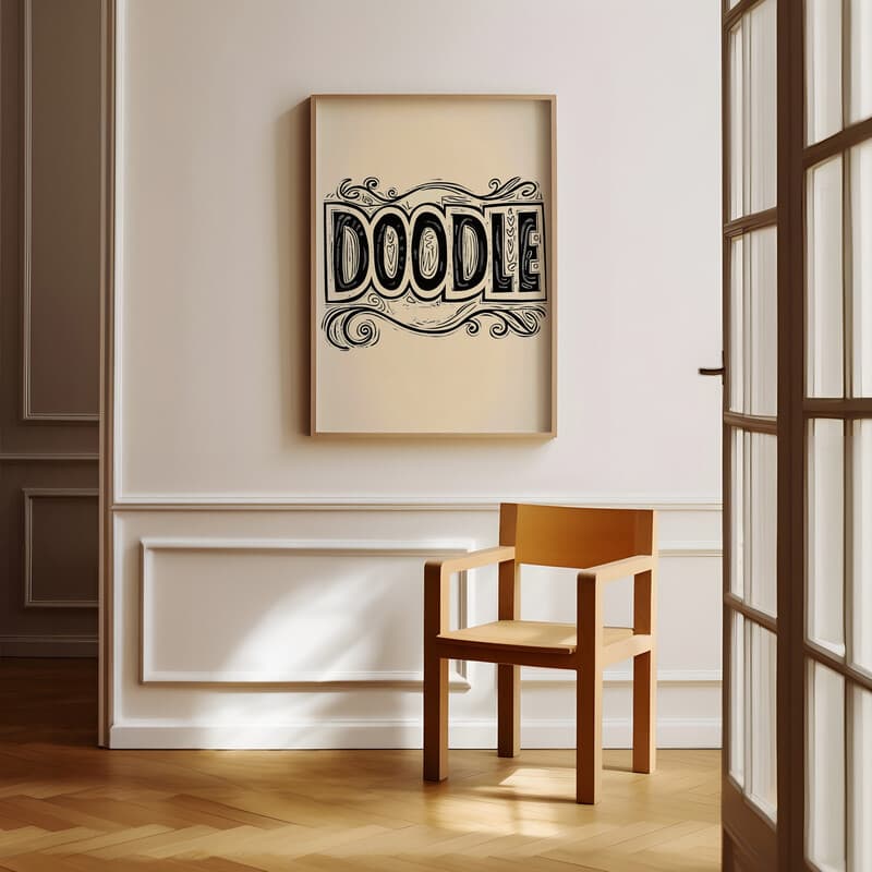 Room view with a full frame of A vintage linocut print, the words "DOODLE" with a one-line doodle pattern