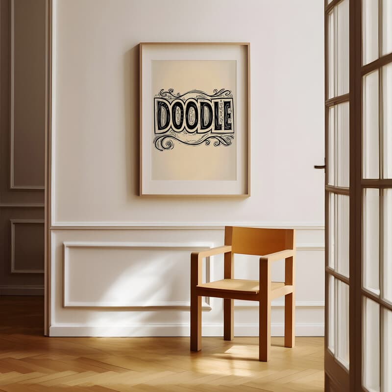 Room view with a matted frame of A vintage linocut print, the words "DOODLE" with a one-line doodle pattern