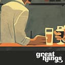 Closeup view of A vintage illustration with simple shapes, patrons at a bar