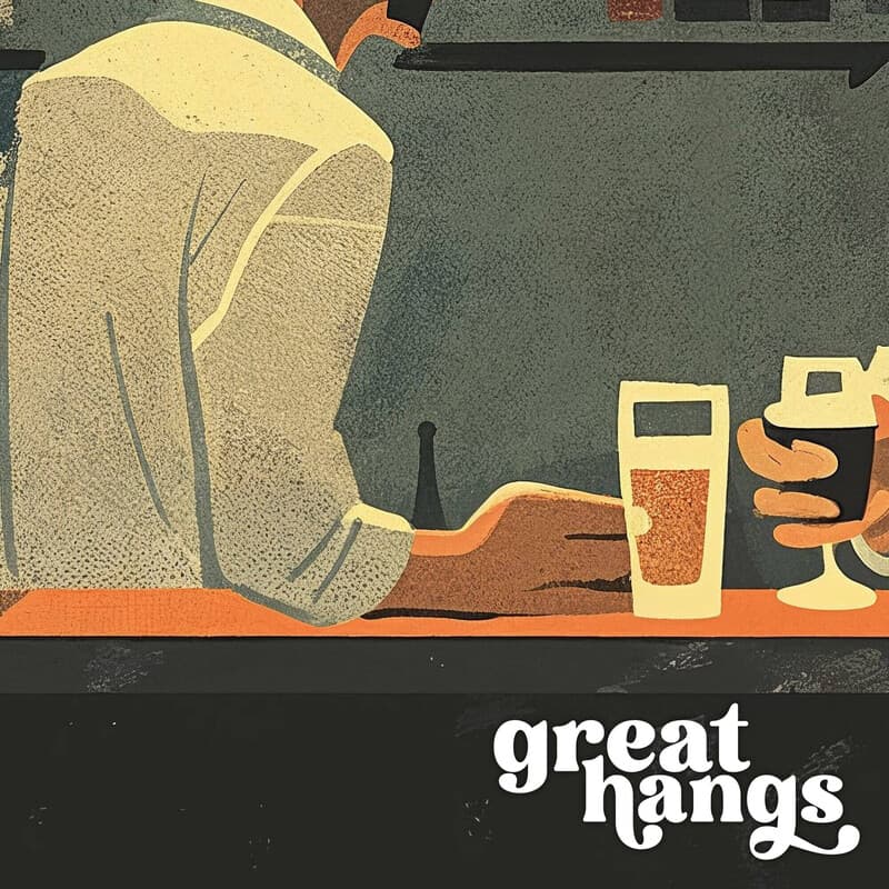 Closeup view of A vintage illustration with simple shapes, patrons at a bar