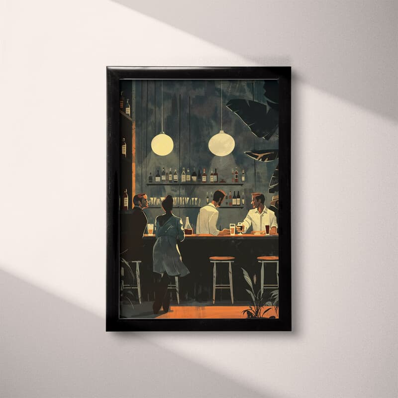 Full frame view of A vintage illustration with simple shapes, patrons at a bar