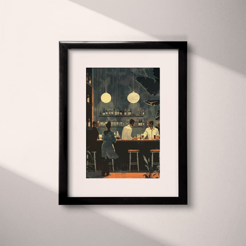 Matted frame view of A vintage illustration with simple shapes, patrons at a bar