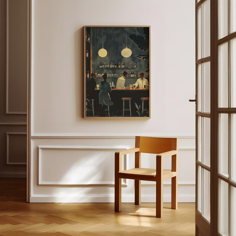 Room view with a full frame of A vintage illustration with simple shapes, patrons at a bar