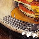 Closeup view of A farmhouse pastel pencil illustration, pancakes and syrup with a fork on a wood table