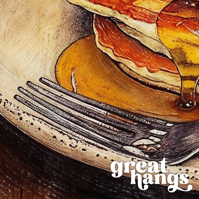 Closeup view of A farmhouse pastel pencil illustration, pancakes and syrup with a fork on a wood table