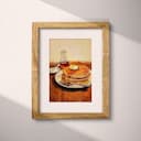 Matted frame view of A farmhouse pastel pencil illustration, pancakes and syrup with a fork on a wood table