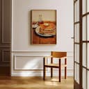 Room view with a full frame of A farmhouse pastel pencil illustration, pancakes and syrup with a fork on a wood table