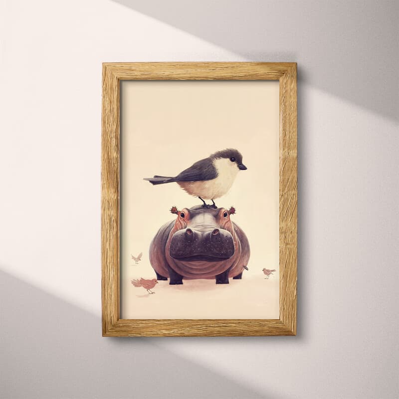 Full frame view of A cute chibi anime pastel pencil illustration, a bird on top of a hippo