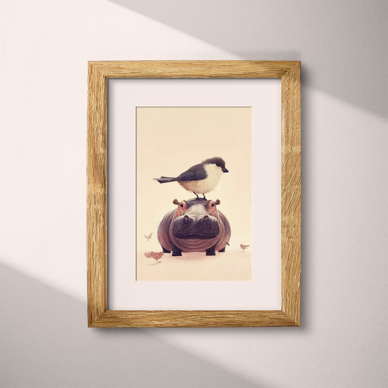 Matted frame view of A cute chibi anime pastel pencil illustration, a bird on top of a hippo