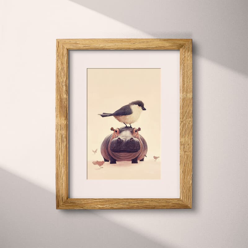 Matted frame view of A cute chibi anime pastel pencil illustration, a bird on top of a hippo