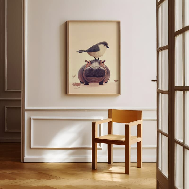 Room view with a full frame of A cute chibi anime pastel pencil illustration, a bird on top of a hippo