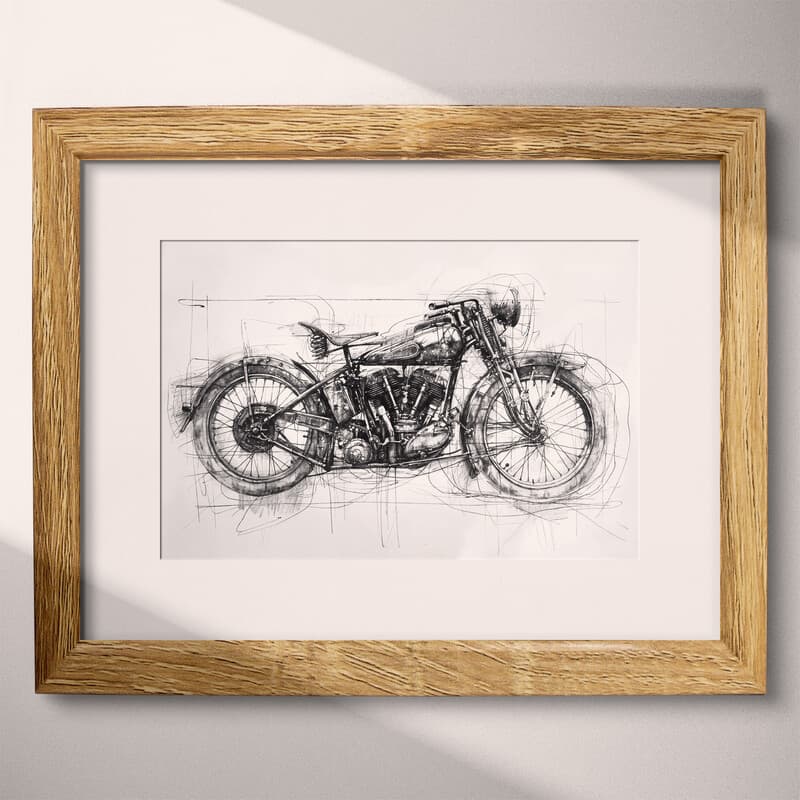 Matted frame view of A vintage graphite sketch, a vintage motorcycle