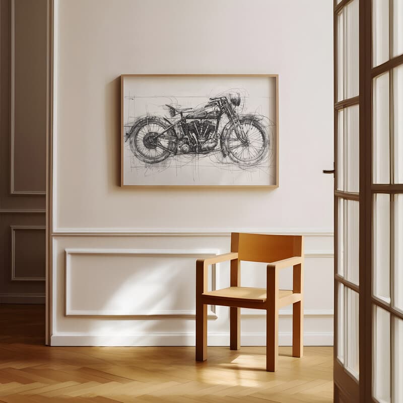 Room view with a full frame of A vintage graphite sketch, a vintage motorcycle