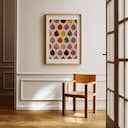 Room view with a matted frame of A vintage textile print, symmetric gumdrop pattern