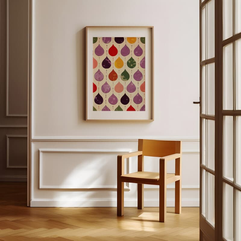 Room view with a matted frame of A vintage textile print, symmetric gumdrop pattern