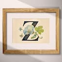 Matted frame view of A vintage pastel pencil illustration, the letter "Z" with a flower