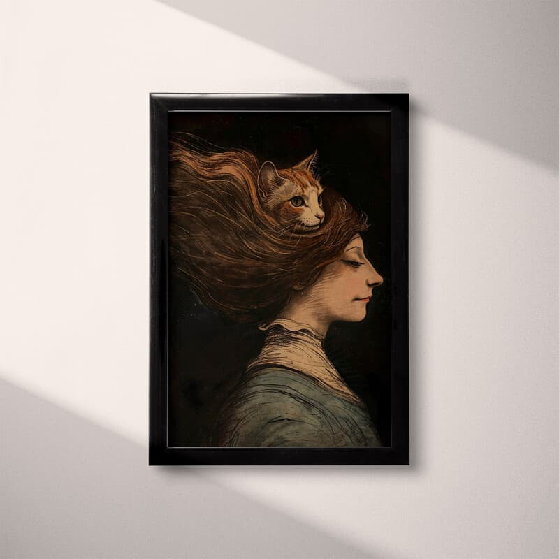 Full frame view of A vintage cartoon drawing, a cat in a woman's hair, side view