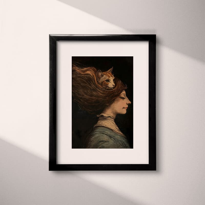 Matted frame view of A vintage cartoon drawing, a cat in a woman's hair, side view