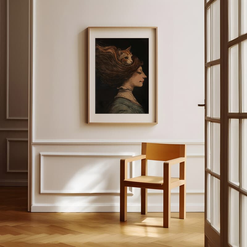 Room view with a matted frame of A vintage cartoon drawing, a cat in a woman's hair, side view