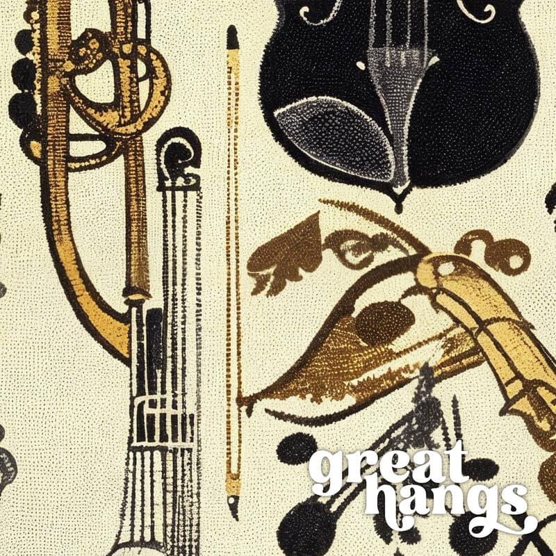 Closeup view of A vintage textile print, symmetric pattern of musical instruments