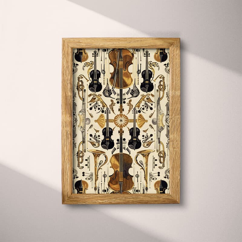 Full frame view of A vintage textile print, symmetric pattern of musical instruments