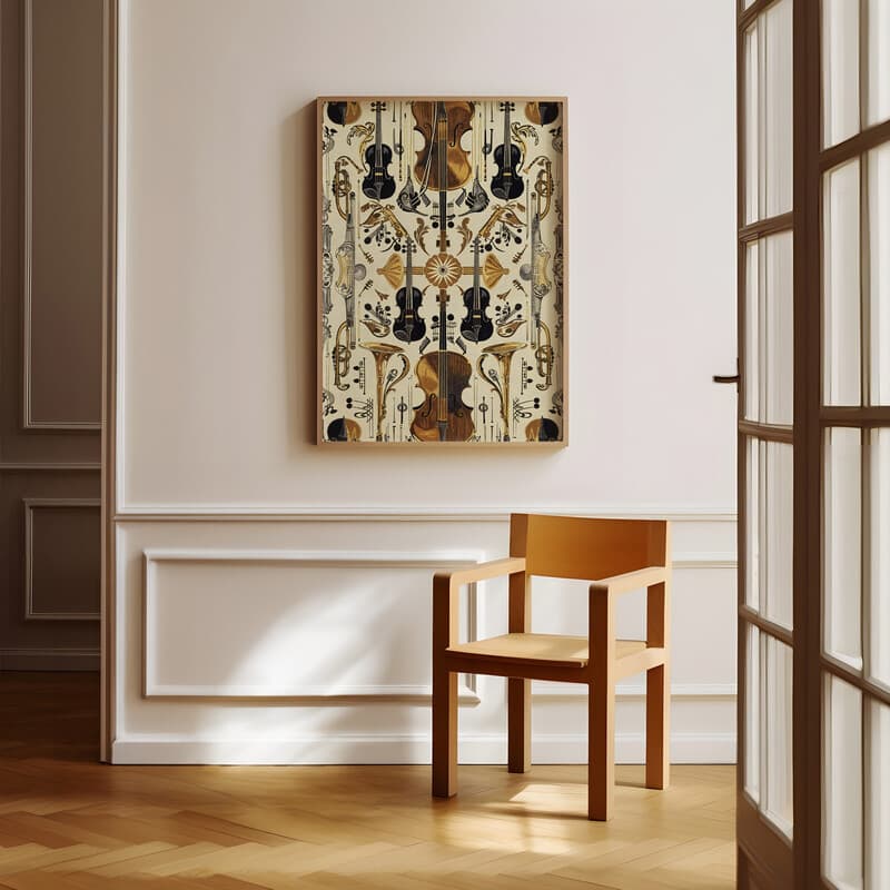 Room view with a full frame of A vintage textile print, symmetric pattern of musical instruments