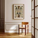 Room view with a matted frame of A vintage textile print, symmetric pattern of musical instruments