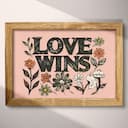 Full frame view of A bohemian linocut print, the words "LOVE WINS" with flowers