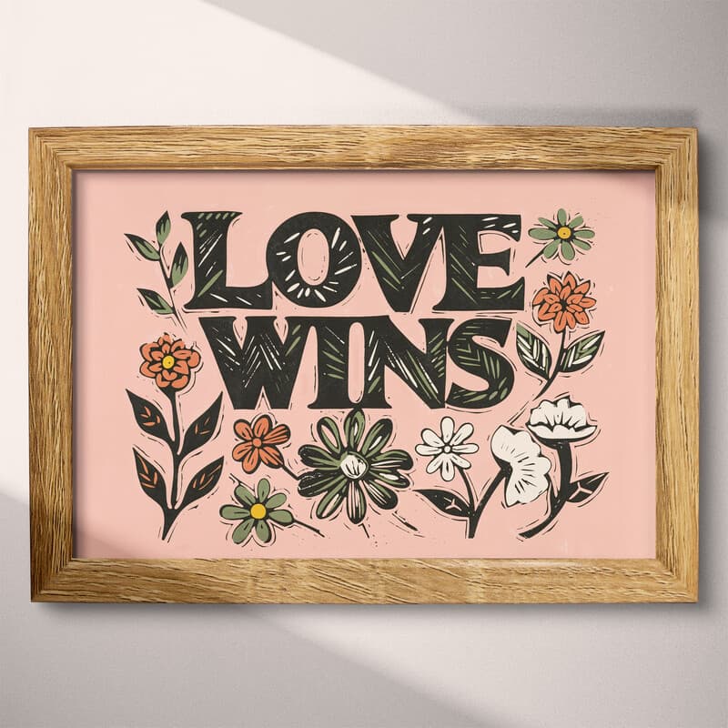 Full frame view of A bohemian linocut print, the words "LOVE WINS" with flowers