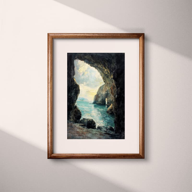 Matted frame view of An impressionist oil painting, a seaside cave