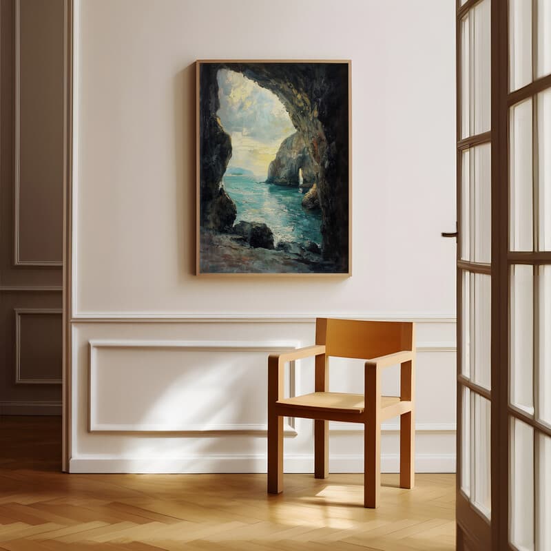 Room view with a full frame of An impressionist oil painting, a seaside cave