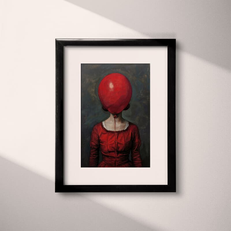 Matted frame view of A vintage oil painting, a woman with a balloon covering her head