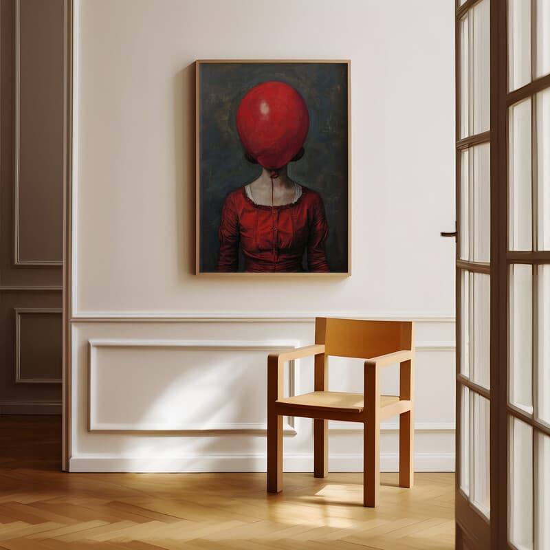 Room view with a full frame of A vintage oil painting, a woman with a balloon covering her head